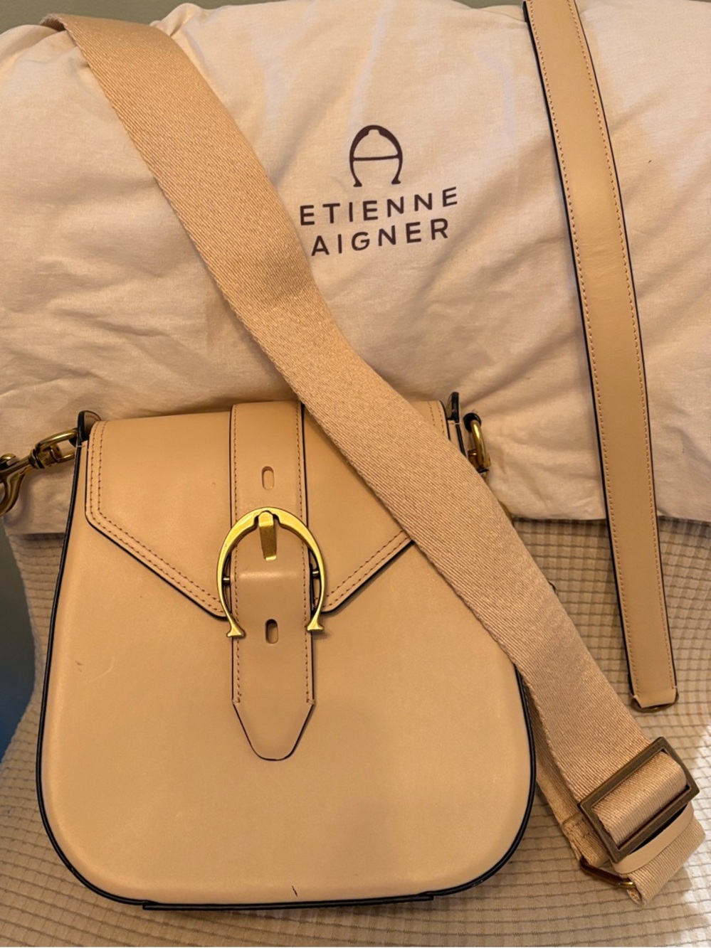 Etienne Aigner Cream Leather Crossbody with Gold Buckle